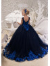 Navy Blue Beaded Lace Tulle Long Flower Girl Dress Pageant Dress